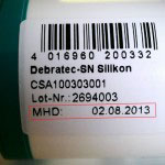 Etikett mit Angaben zum MHD von Silikon