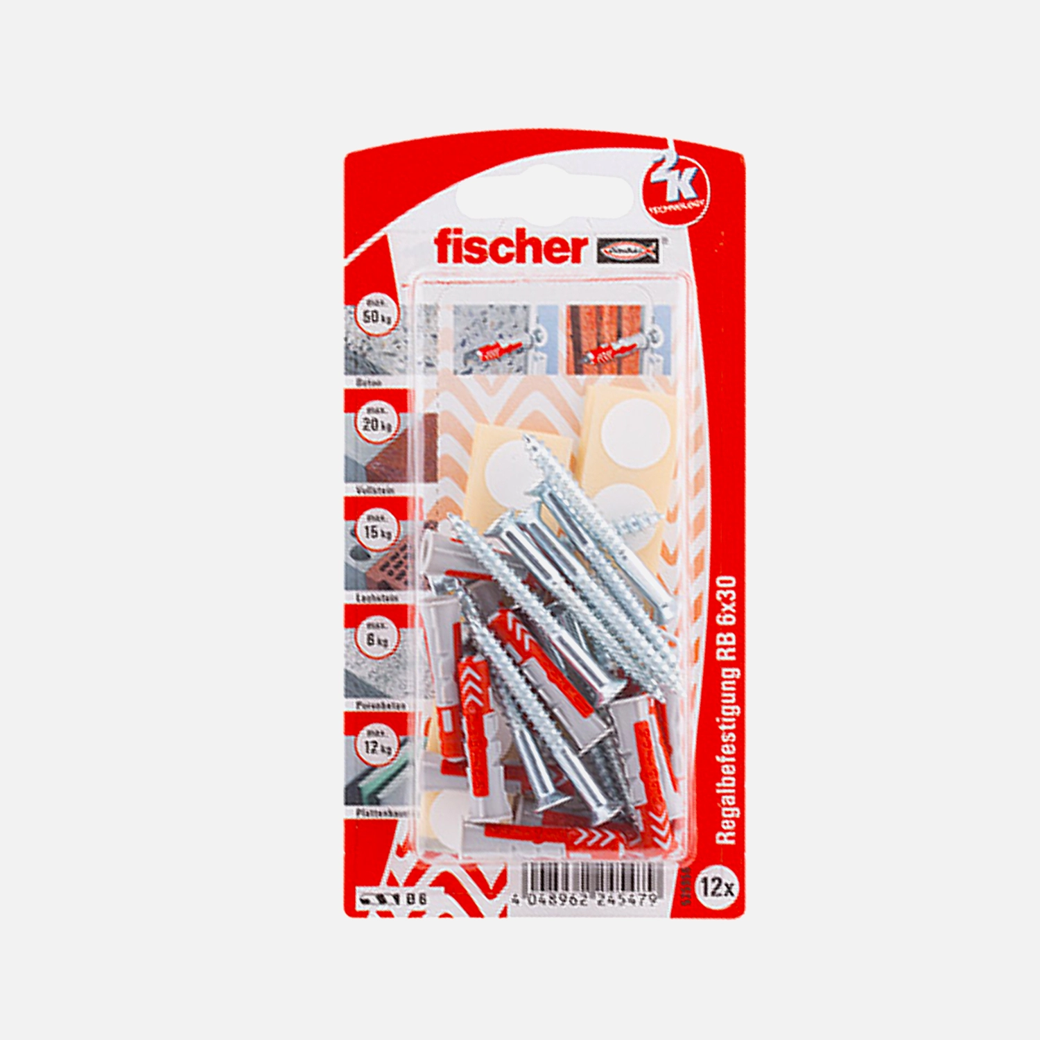 12 FISCHER DUOPOWER Nylon-Dübel - 6x30mm - Regalbefestigungs-Set mit Schrauben