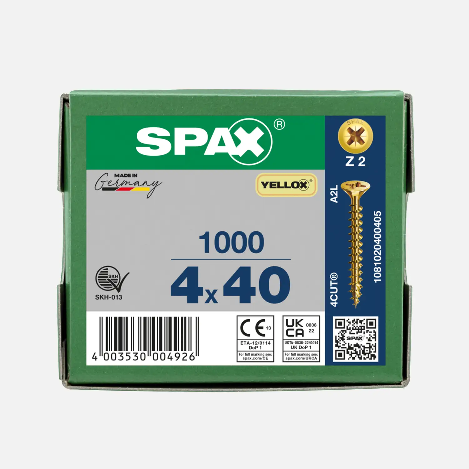 1000 SPAX Universalschrauben 4x40mm, gelb verzinkt, PZ, Senkkopf 