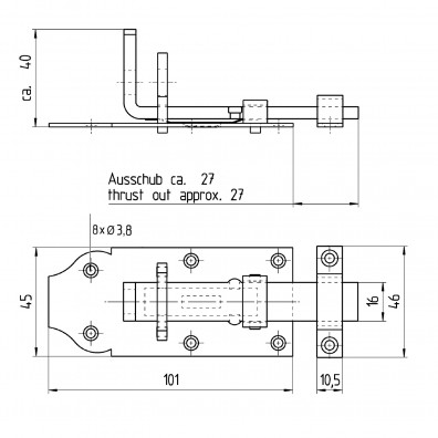 1 Alberts Schlossriegel 100x45 mm - gerade Ausführung - Edelstahl