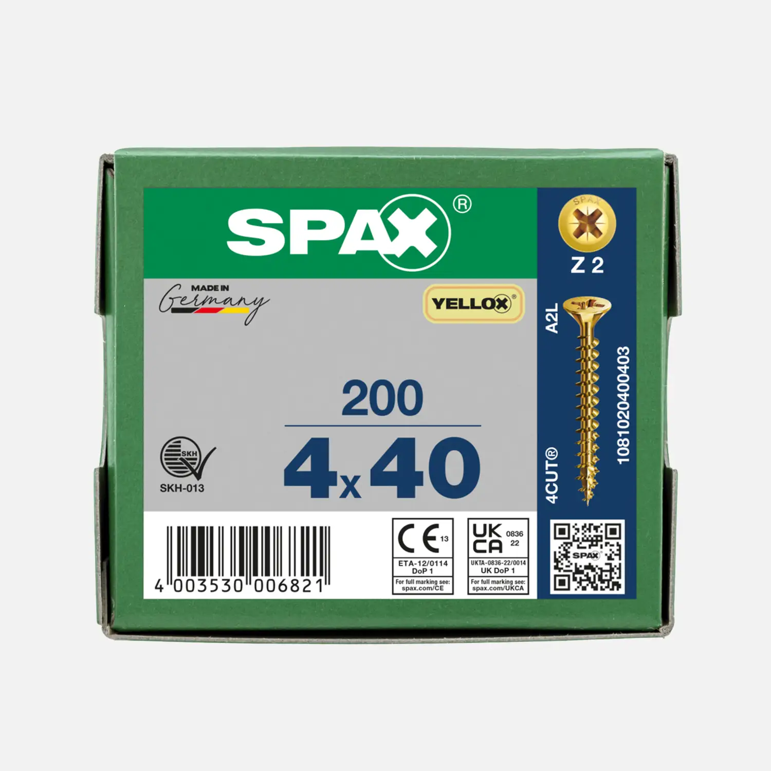 200 SPAX Universalschrauben 4x40mm, gelb verzinkt, PZ, Senkkopf 