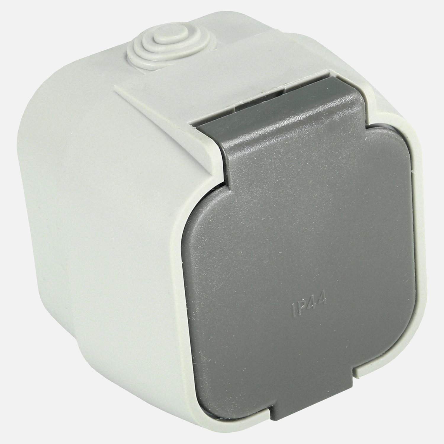 1 Aufputzsteckdose, Feuchtraum, IP 44, Grau, Klappdeckel