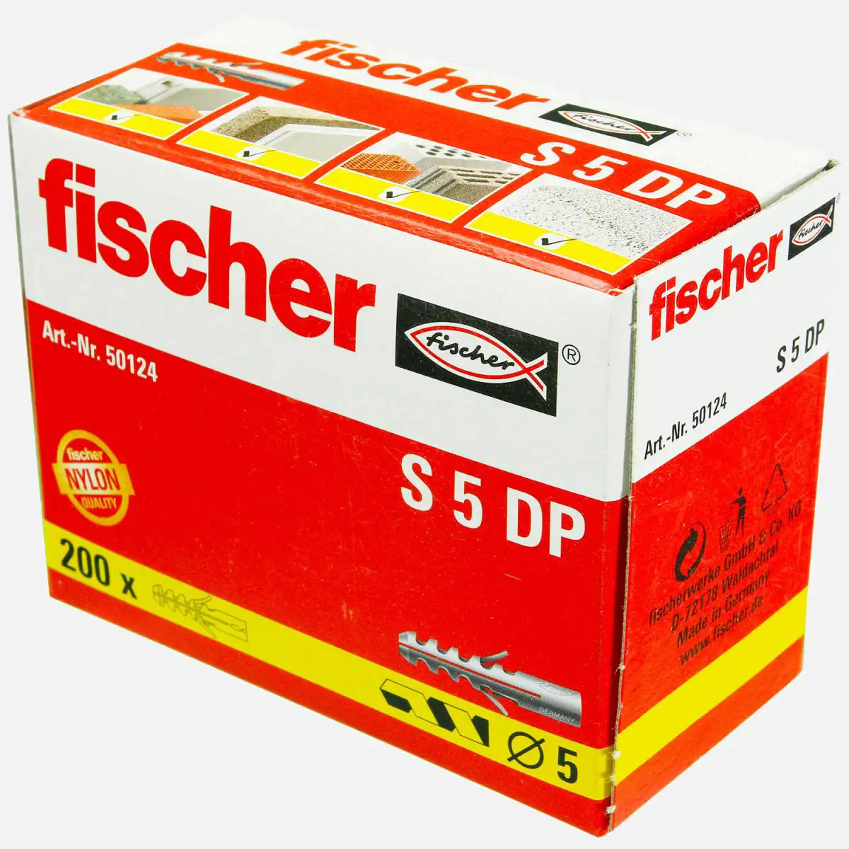 200 FISCHER Spreizdübel S 5x25 mm - Nylon - für Holz- und Spanplattenschrauben