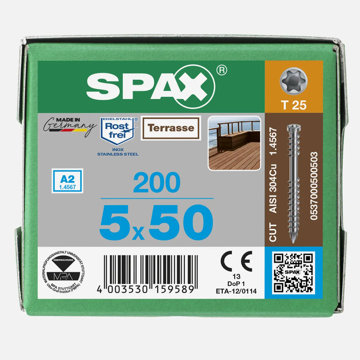200 SPAX Terrassenschrauben 5x50 mm - Edelstahl A2 - Zylinderkopf mit T-Star Antrieb 