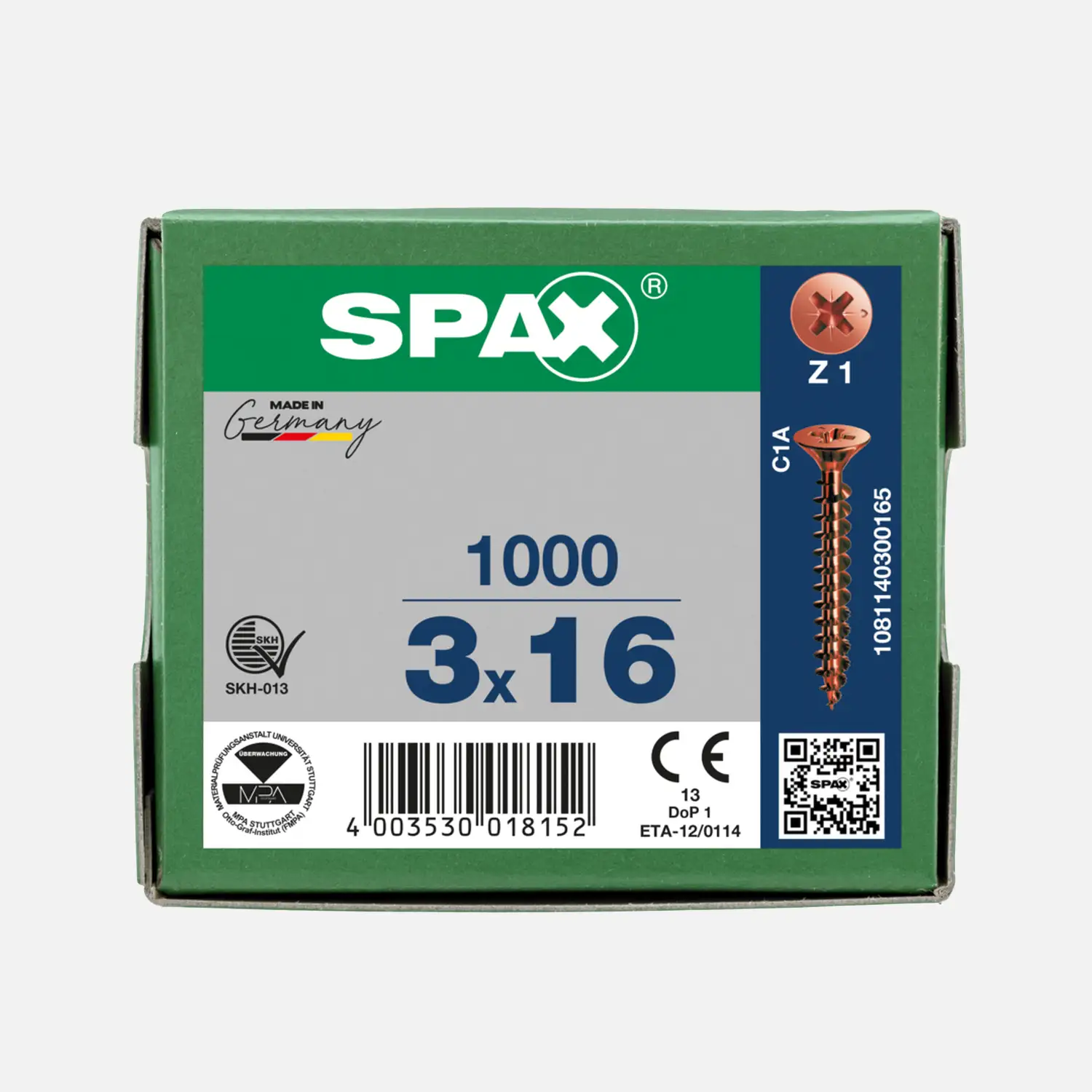 1000 SPAX Universalschrauben 3x16mm, brüniert, PZ, Senkkopf 