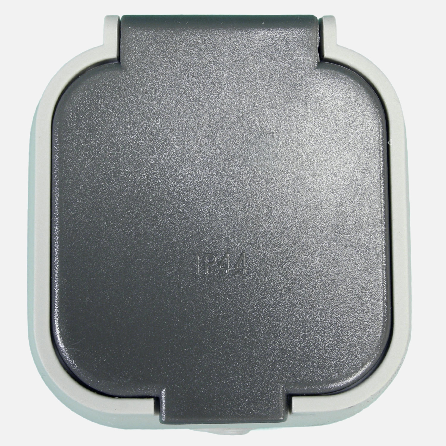 1 Aufputzsteckdose, Feuchtraum, IP 44, Grau, Klappdeckel