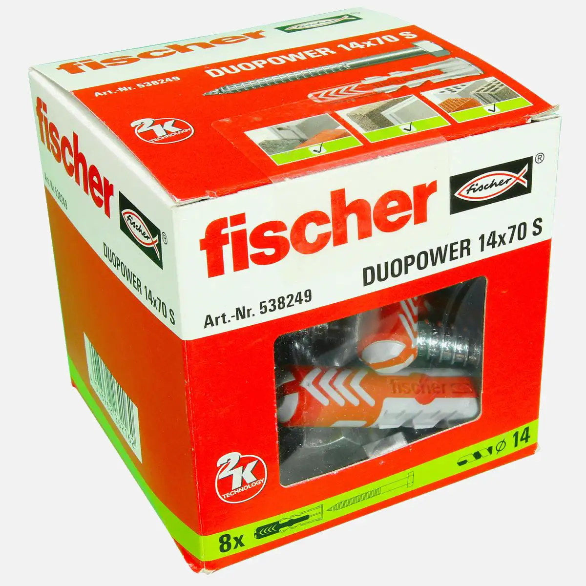 8 FISCHER DUOPOWER Nylon-Dübel - 14x70 mm - mit Sechskantschrauben