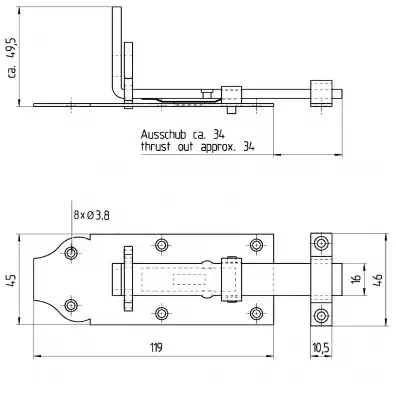 1 Alberts Schlossriegel 120x45 mm - gerade Ausführung - Edelstahl