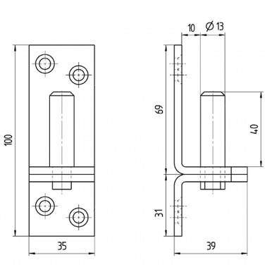 1 Kloben auf Platte 100x35 mm 13 mm Dorn - Edelstahl A2 - D1 eng