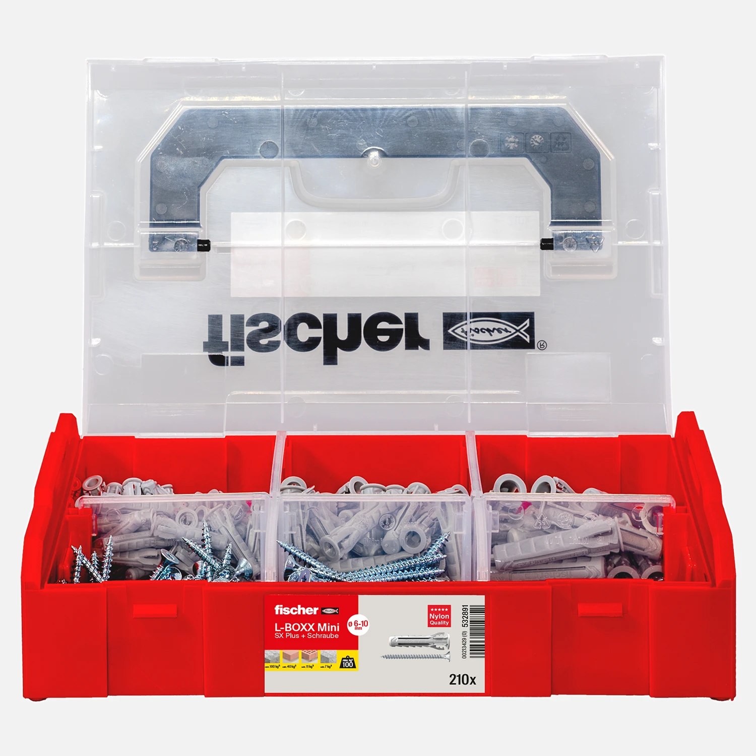 210 tlg. FISCHER L-BOXX mini SX Plus + Schraube - Dübel 6/8/10 mm mit Schrauben 4,5/5/6 mm