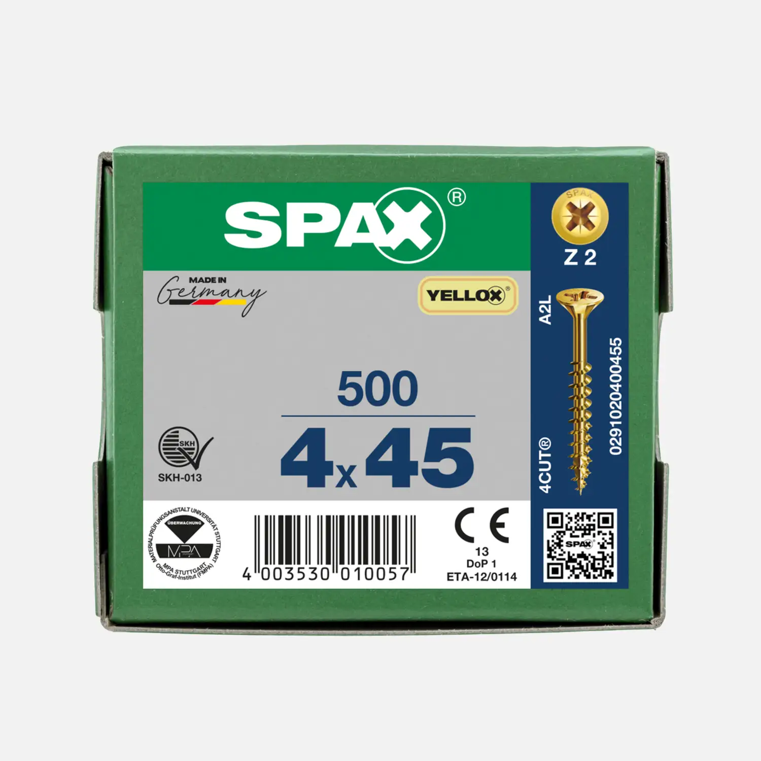 500 SPAX Universalschrauben 4x45mm, gelb verzinkt, PZ, Senkkopf, Teilgewinde