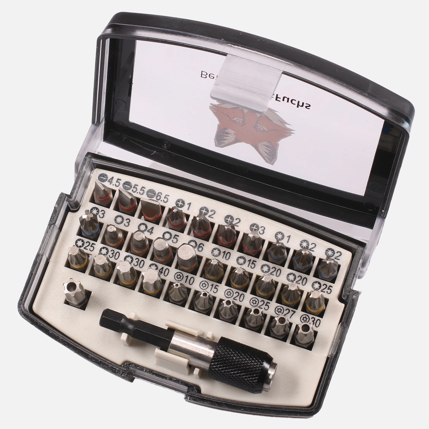 32-tlg. Bit Sortiment,Torsion, Farbringcodiert, PH-,PZ-,TX-,TT-,SL-,HEX- Bits mit BefestigungsFuchs Aufdruck
