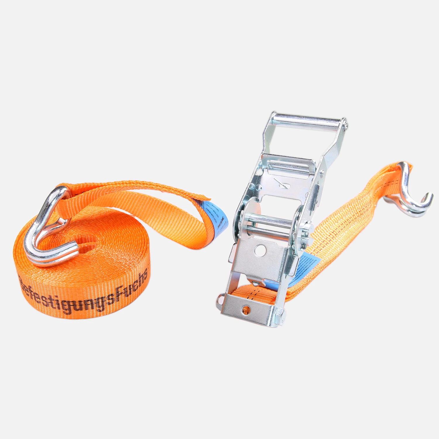 1 Spanngurt zweiteilig bis zu 2t mit Spitzhaken 35mm orange mit BefestigungsFuchs Aufdruck länge 6 m