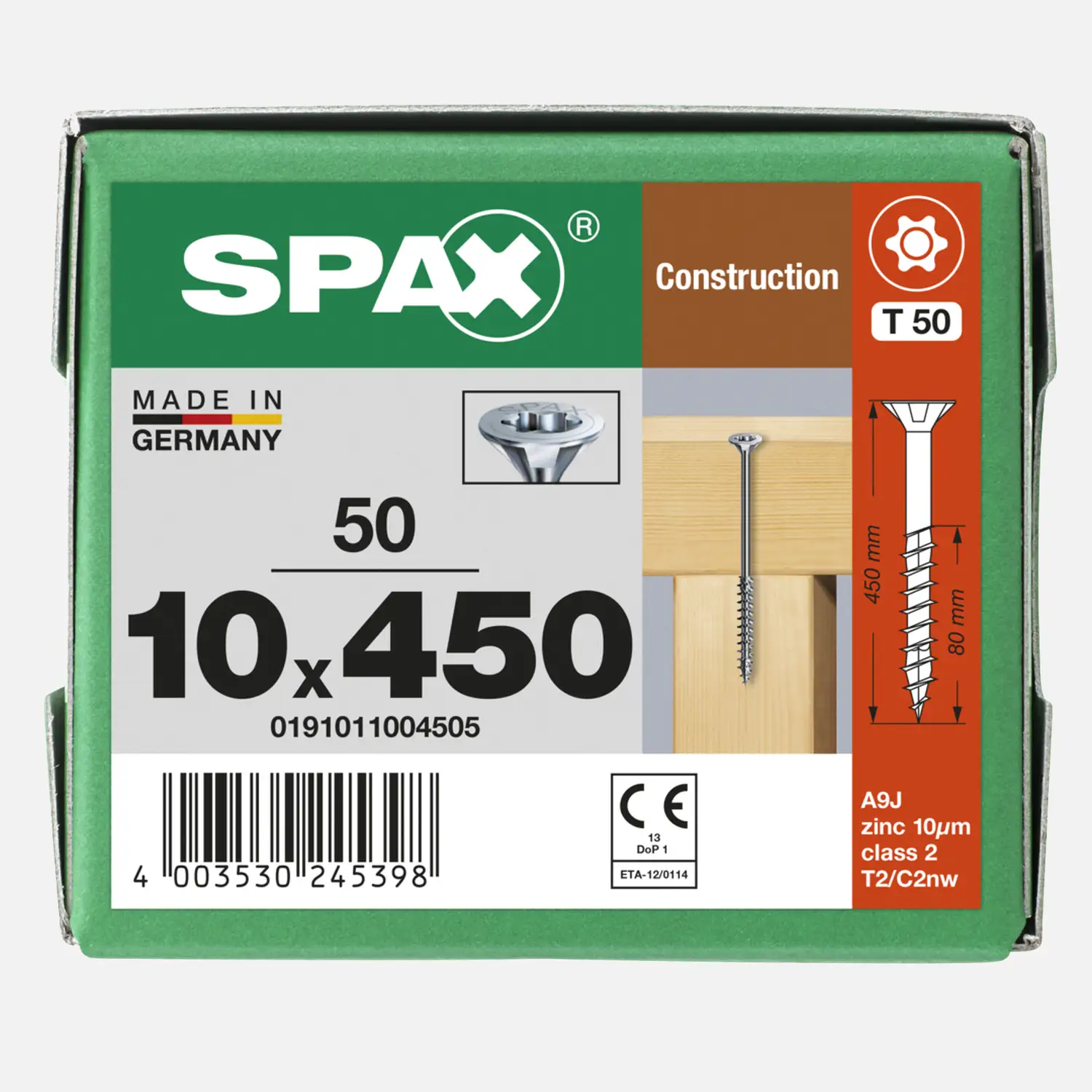 50 SPAX Holzbauschrauben 10x450 mm, Wirox, TX50, Senkkopf, Teilgewinde