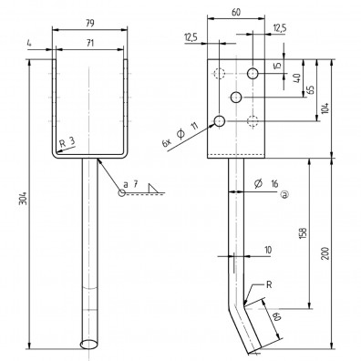 1 Alberts U-Pfostenträger feuerverzinkt mit 200mm gebogener Dolle für 70mm
