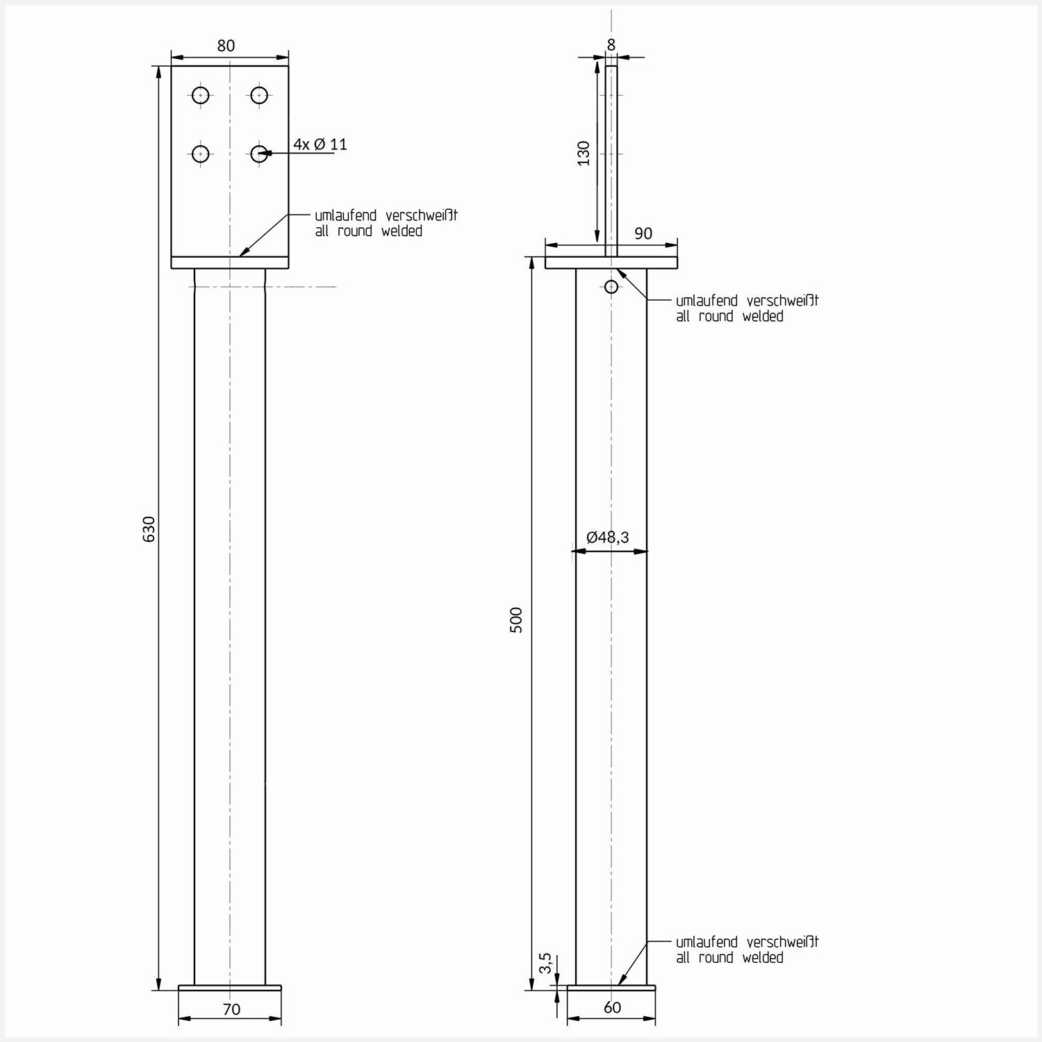 1 Alberts T-Pfostenträger feuerverzinkt mit 500mm Rohrdolle für >=90 mm