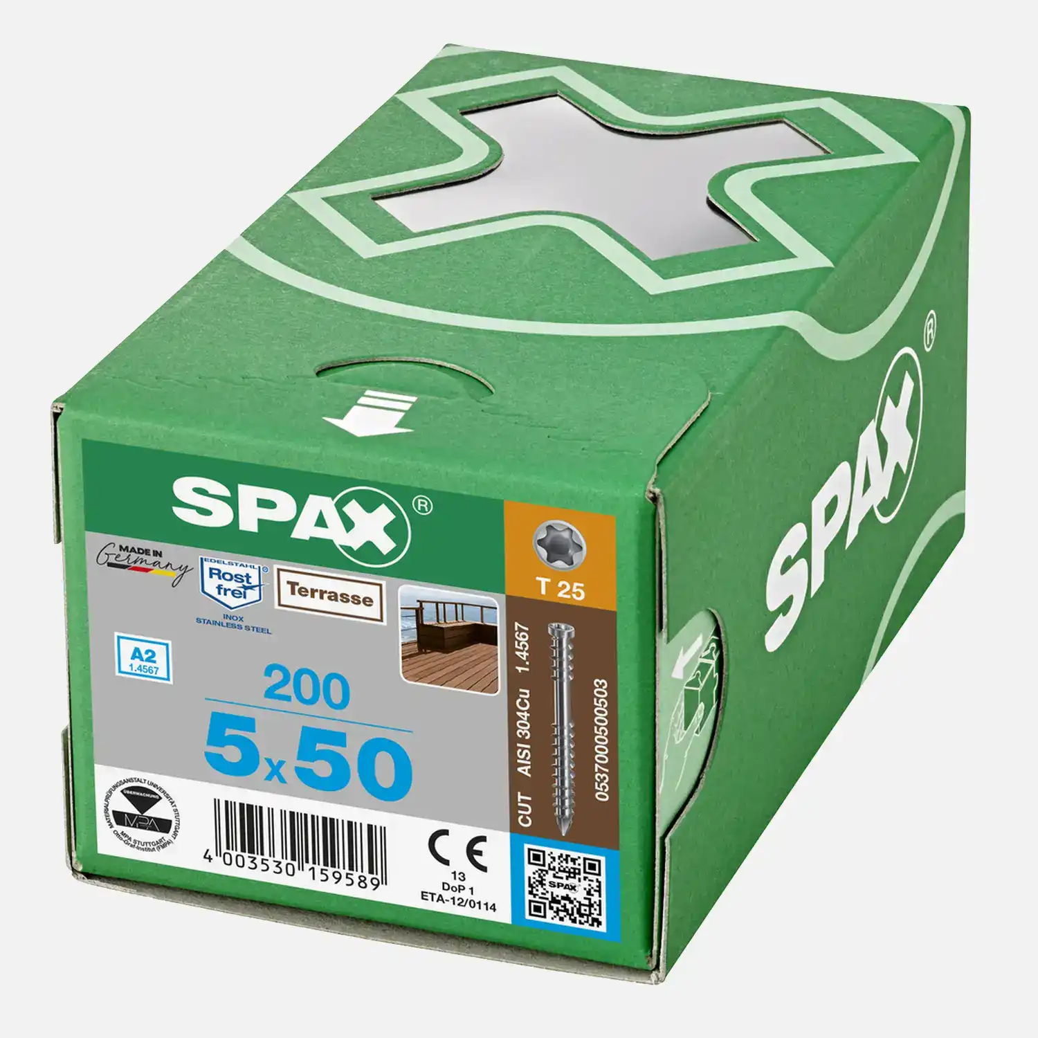 200 SPAX Terrassenschrauben 5x50 mm - Edelstahl A2 - Zylinderkopf mit T-Star Antrieb 