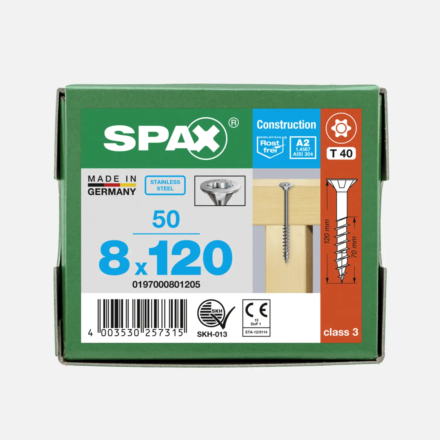 50 SPAX Universalschrauben A2 Senkkopf Torx 8x120