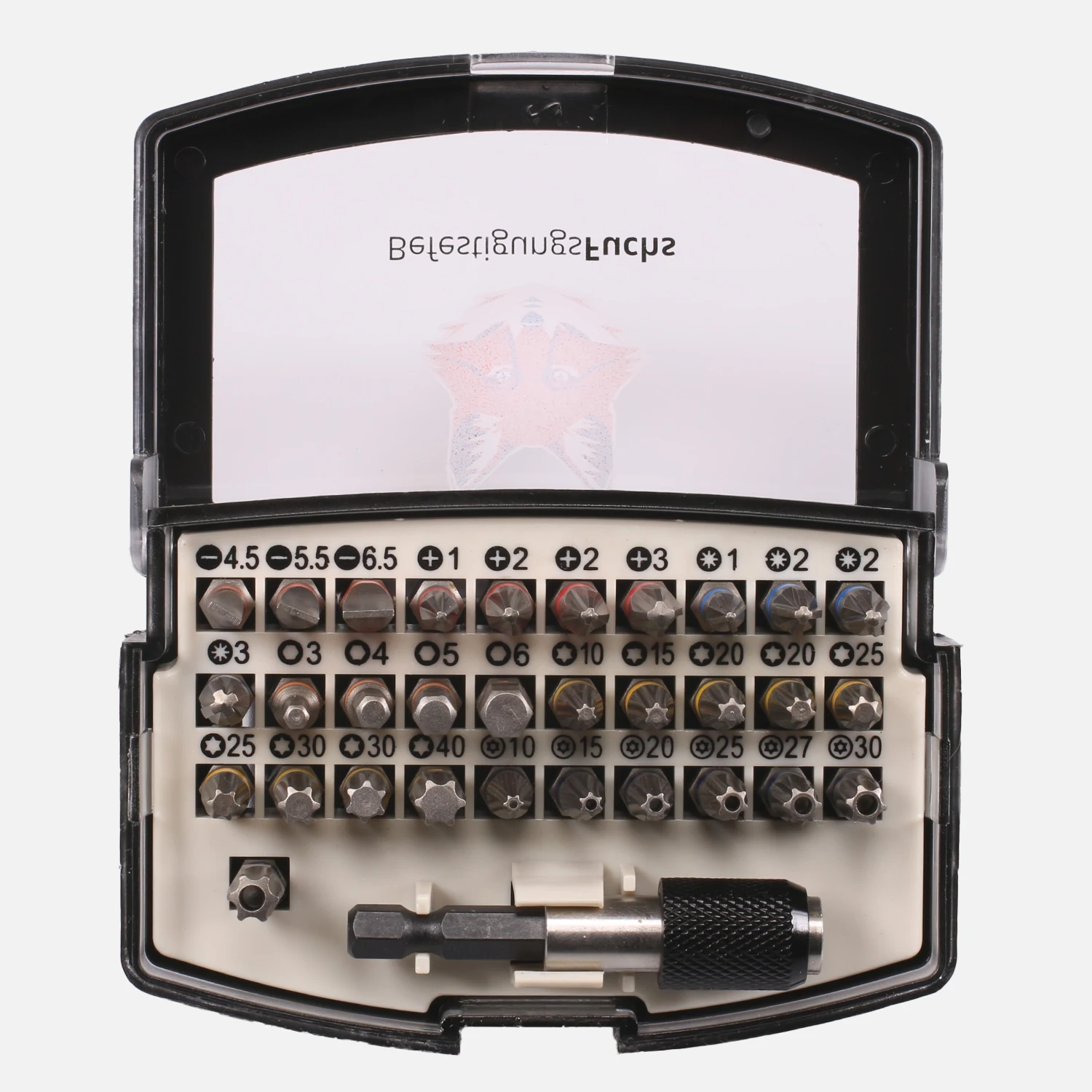 32-tlg. Bit Sortiment,Torsion, Farbringcodiert, PH-,PZ-,TX-,TT-,SL-,HEX- Bits mit BefestigungsFuchs Aufdruck