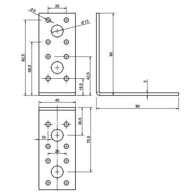 1 Winkelverbinder 90x90x40 mm, Dicke 3 mm, verzinkt, ohne Steg / Rippe