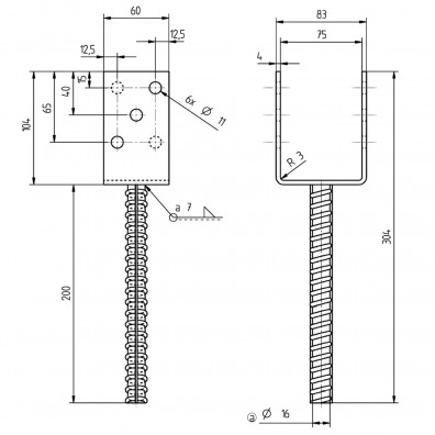 1 Alberts U-Pfostenträger mit Riffeldolle feuerverzinkt 75x200mm