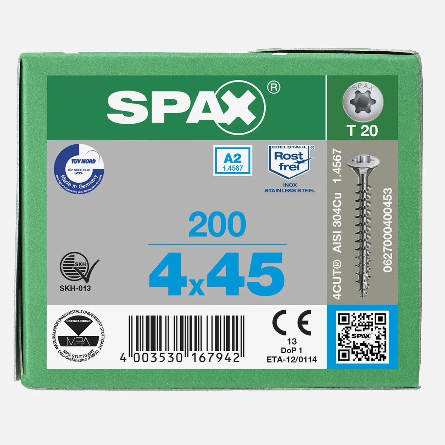 200 SPAX Universalschrauben A2 Linsensenkkopf Torx 4x45