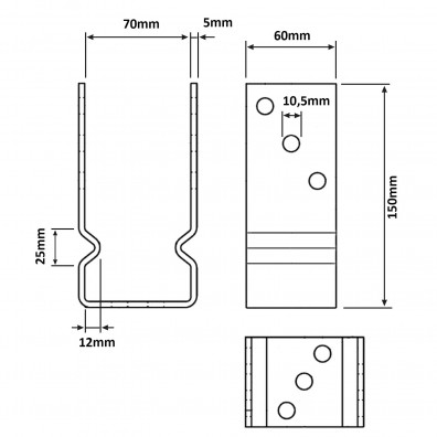 1 U-Pfostenträger aufdübelbar, feuerverzinkt, 5 mm / 60 mm, für 70 mm Pfosten