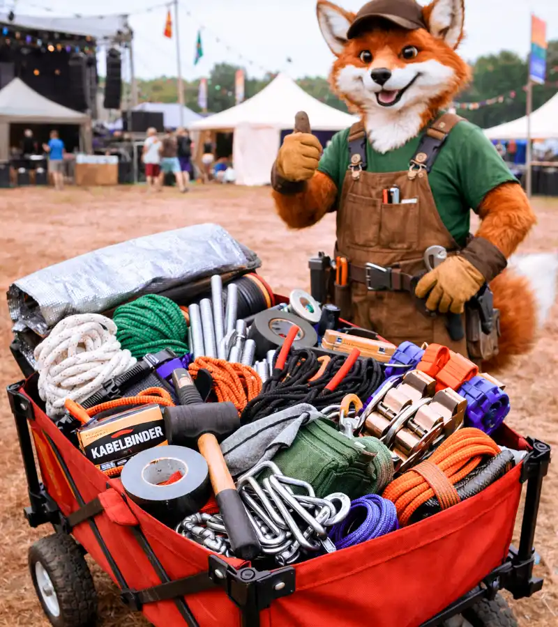 Bollerwagen und Maskottchen Fuchs