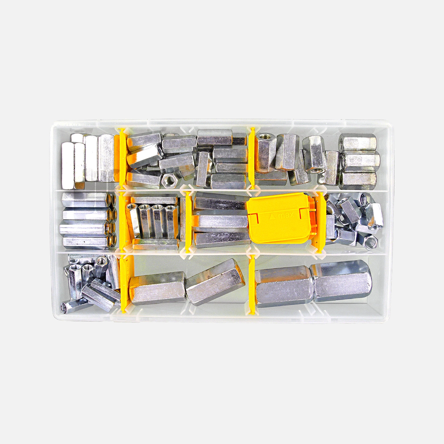 100 tlg Distanzmuttern Sortiment Sechskant galvanisch verzinkt 6x30 bis 20x50