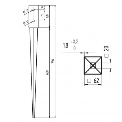 1 Alberts Einschlagbodenhülse für 60mm Pfosten Tiefe 750mm