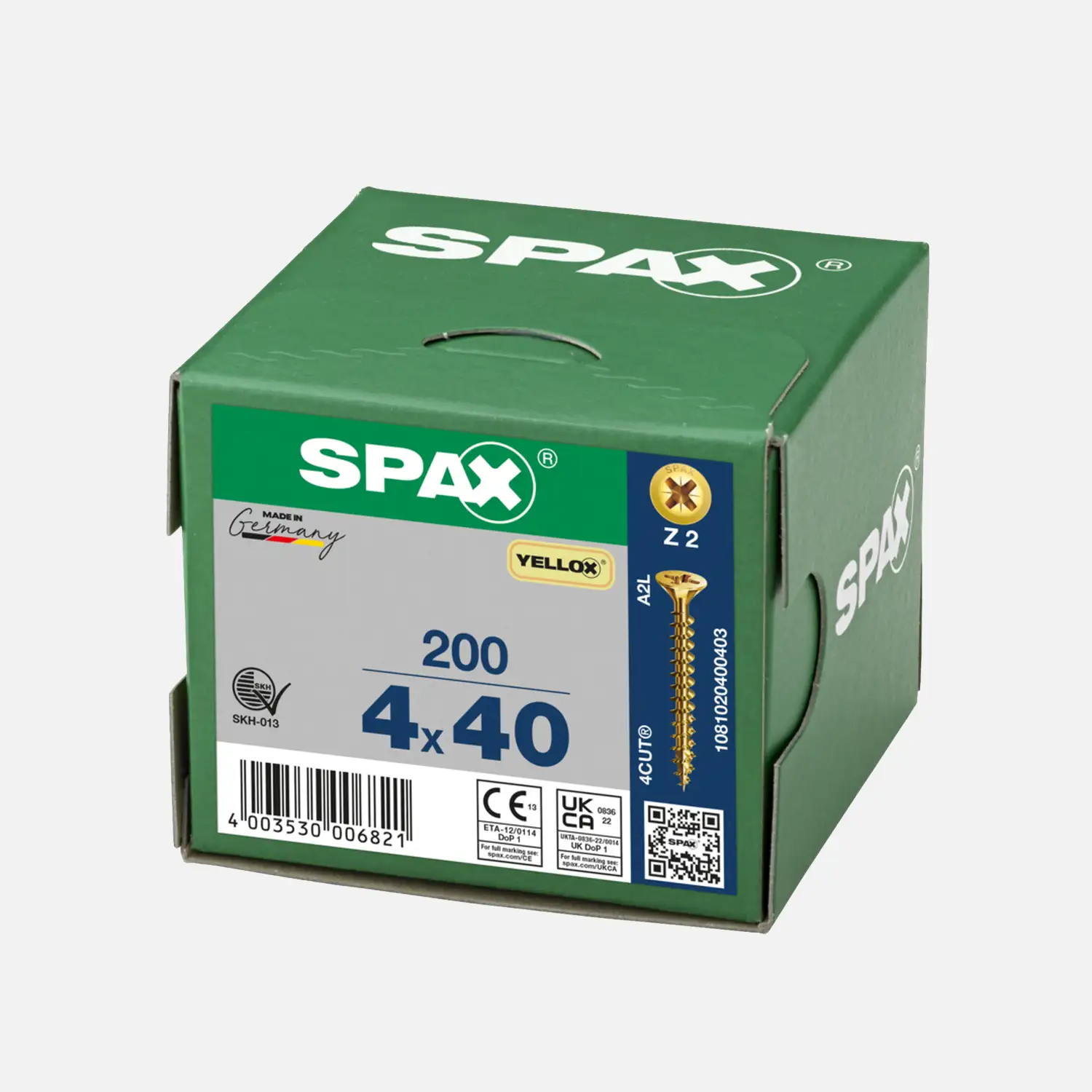 200 SPAX Universalschrauben 4x40mm, gelb verzinkt, PZ, Senkkopf 