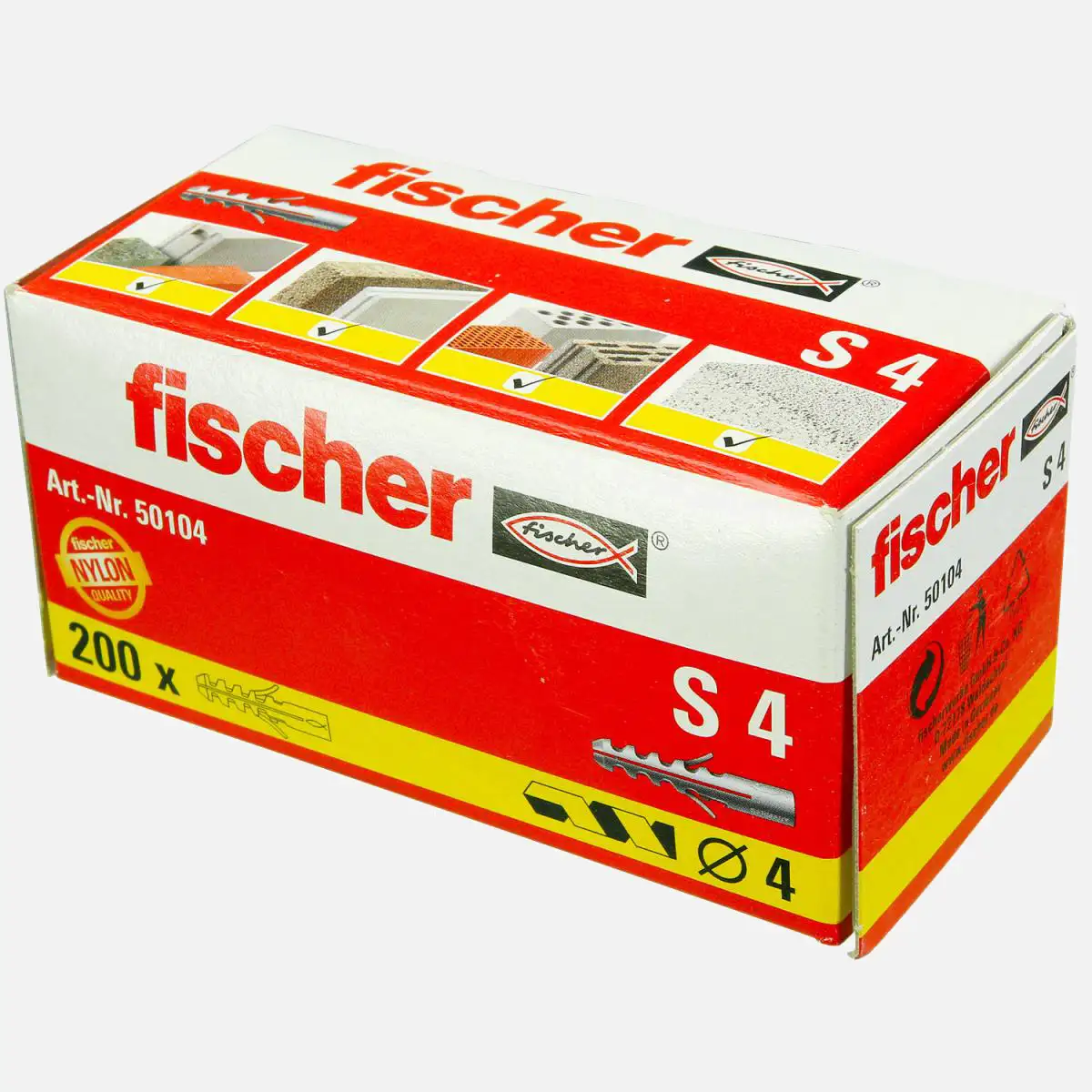 200 FISCHER Spreizdübel S 4x20 mm - Nylon - für Holz- und Spanplattenschrauben