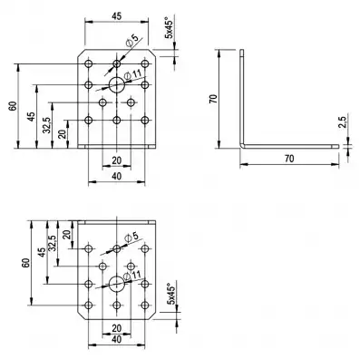50 Winkelverbinder 70x70x55, Dicke 2,5 mm, verzinkt, ohne Steg / Rippe