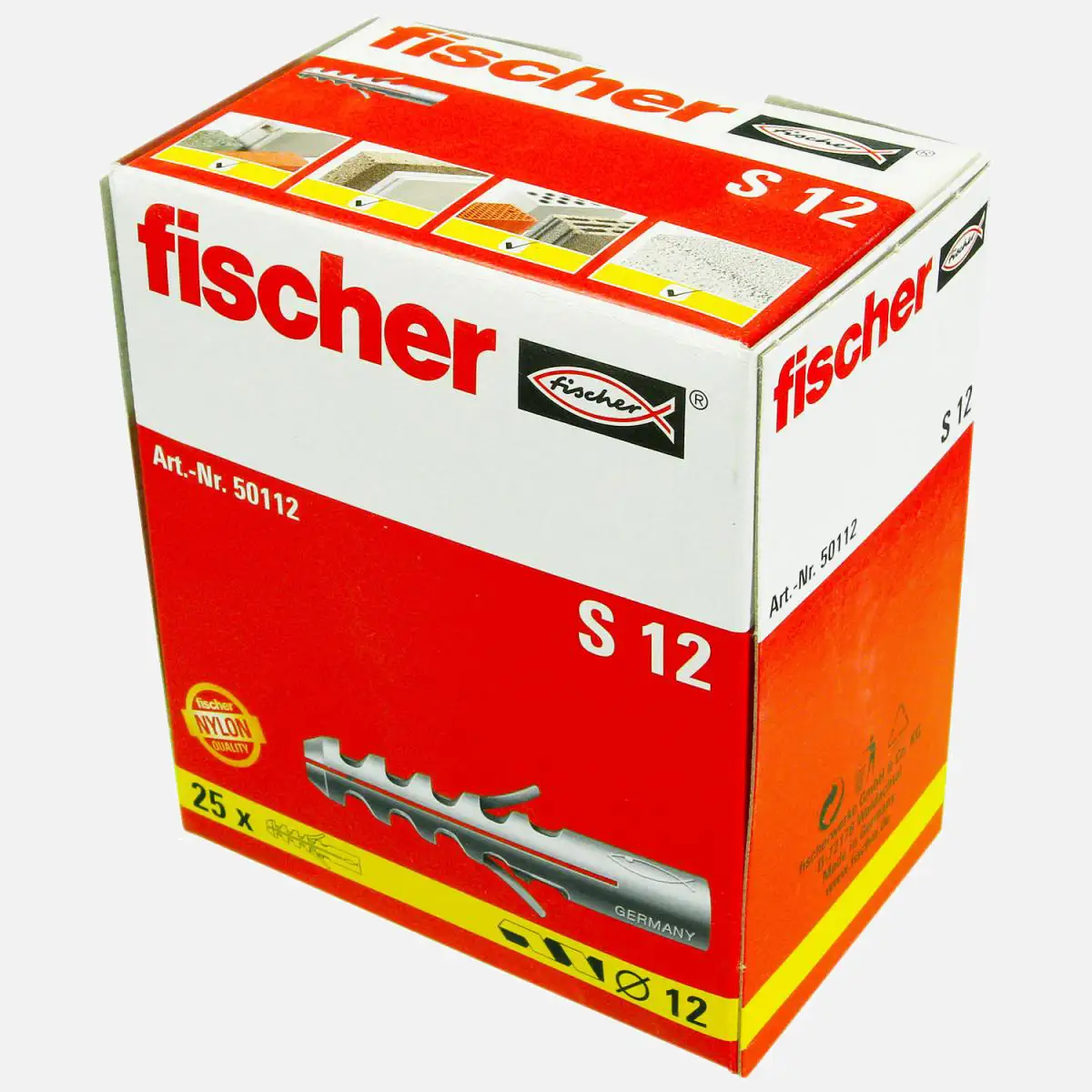 25 FISCHER Spreizdübel S 12x60 mm - Nylon - für Holz- und Spanplattenschrauben