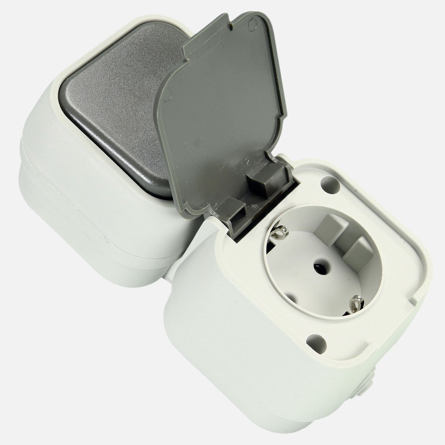 1 AP-Schalter-Steckdosenkombi senkr. Feuchtraum, IP 44, Grau, Klappdeckel