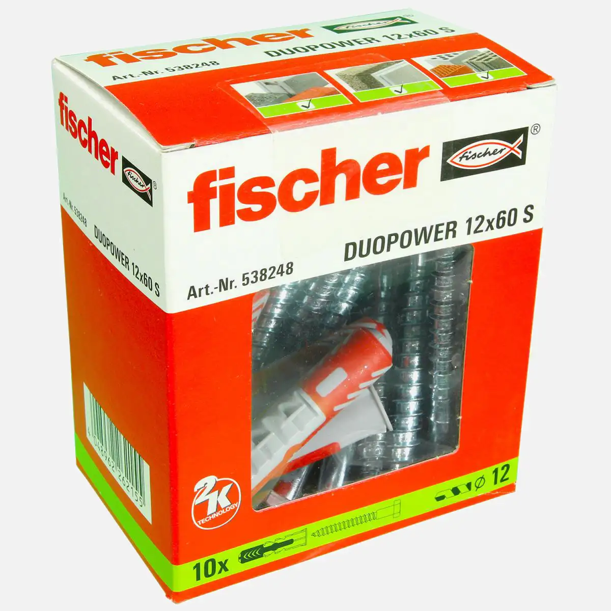 10 FISCHER DUOPOWER Nylon-Dübel - 12x60 mm - mit Sechskantschrauben