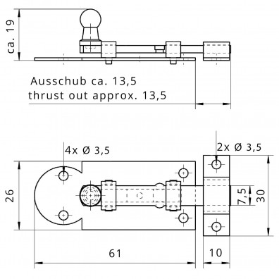 1 Alberts Fensterriegel gelb verzinkt gerade mit Schlaufe und Knopf 61x26x7,5 mm