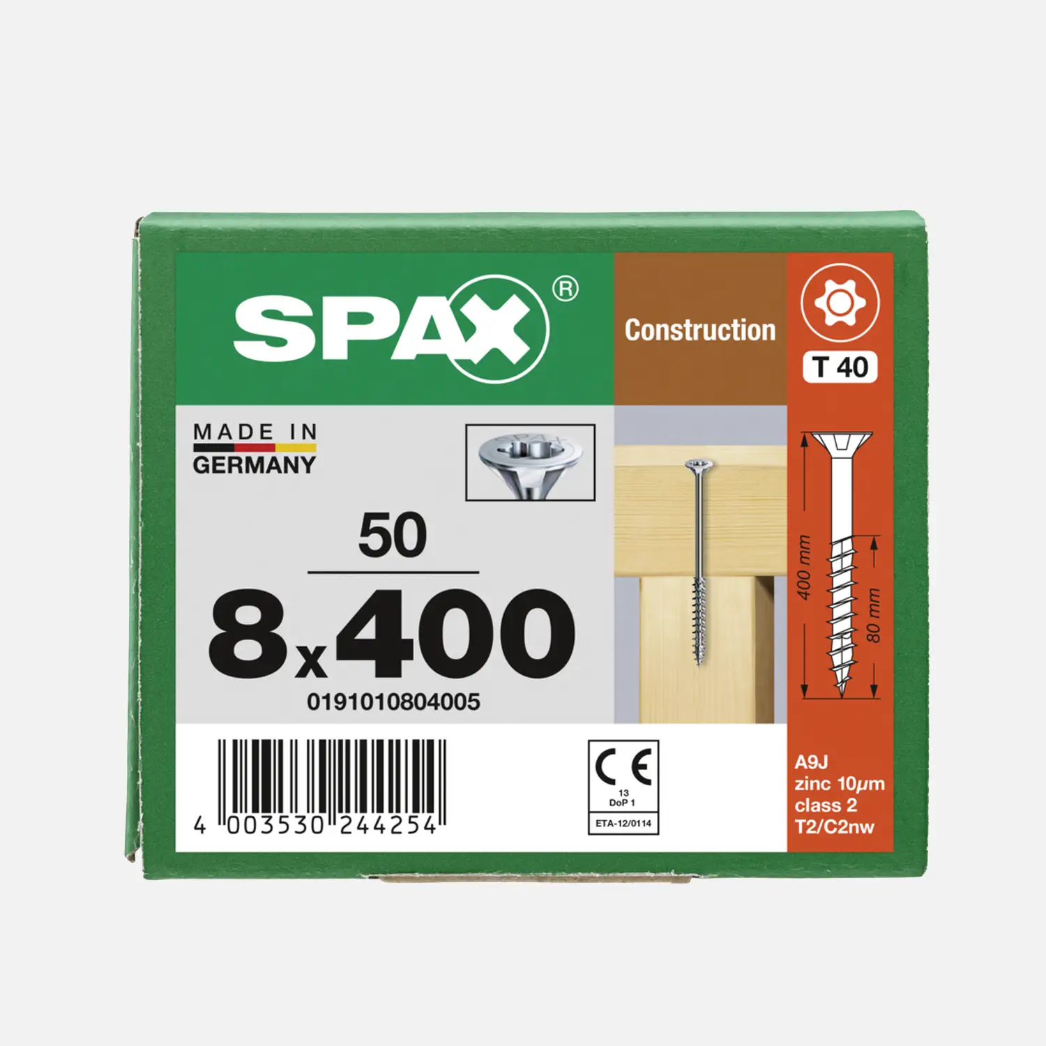 50 SPAX Holzbauschrauben 8x400 mm, Wirox, TX40, Senkkopf, Teilgewinde