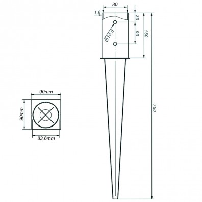 1 Einschlagbodenhülse, feuerverzinkt, für runde Pfosten mit 80 mm Ø, Länge 750 mm