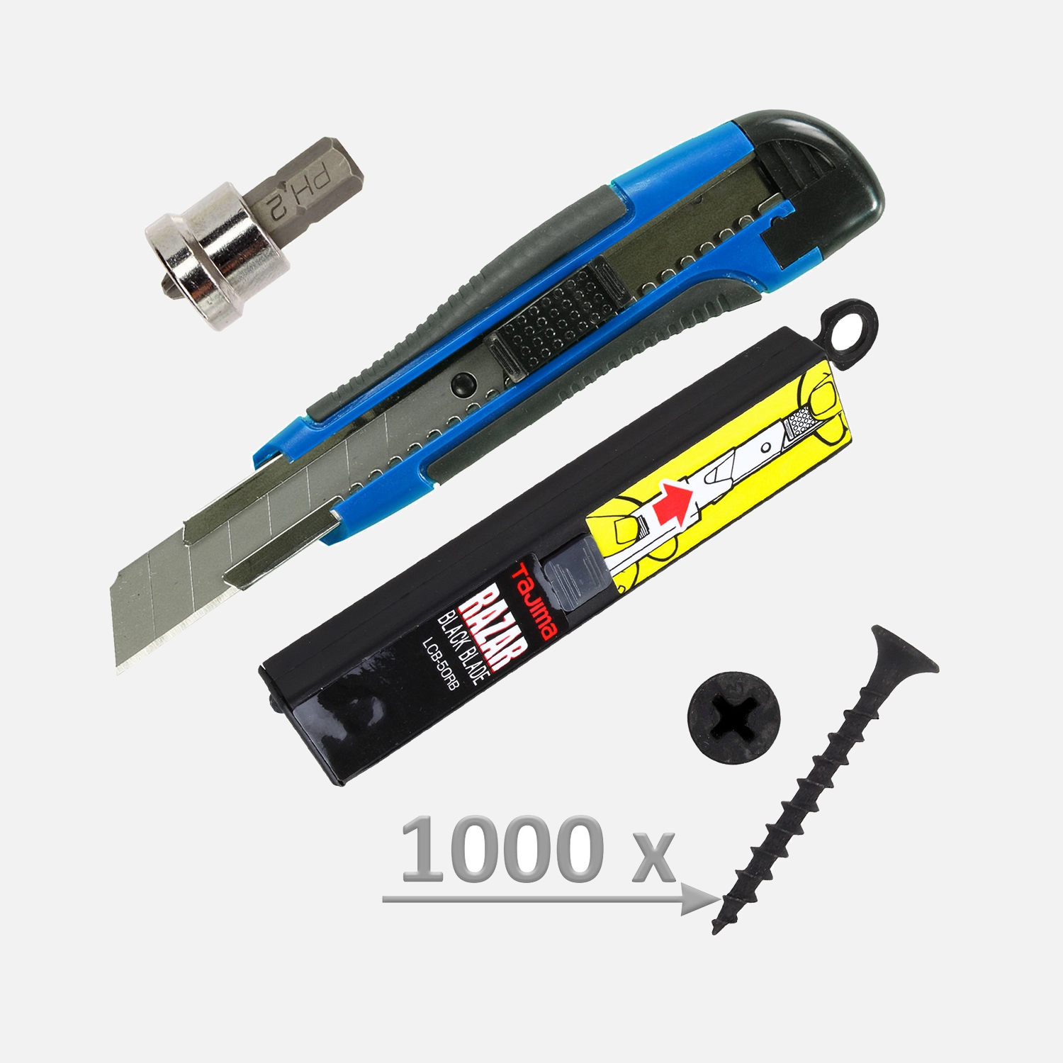 1012 tlg. Schnellbauschraubensortiment mit Cuttermesser, schwarzen Klingen und Bit