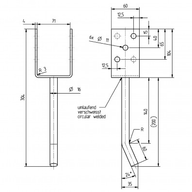 1 Alberts U-Pfostenträger Edelstahl mit 200mm gebogener Dolle für 70 mm