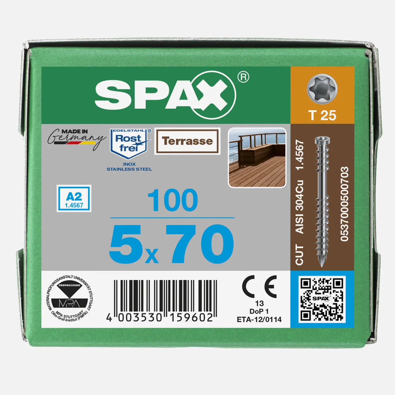 100 SPAX Terrassenschrauben 5x70 mm - Edelstahl A2 - Zylinderkopf mit T-Star Antrieb 