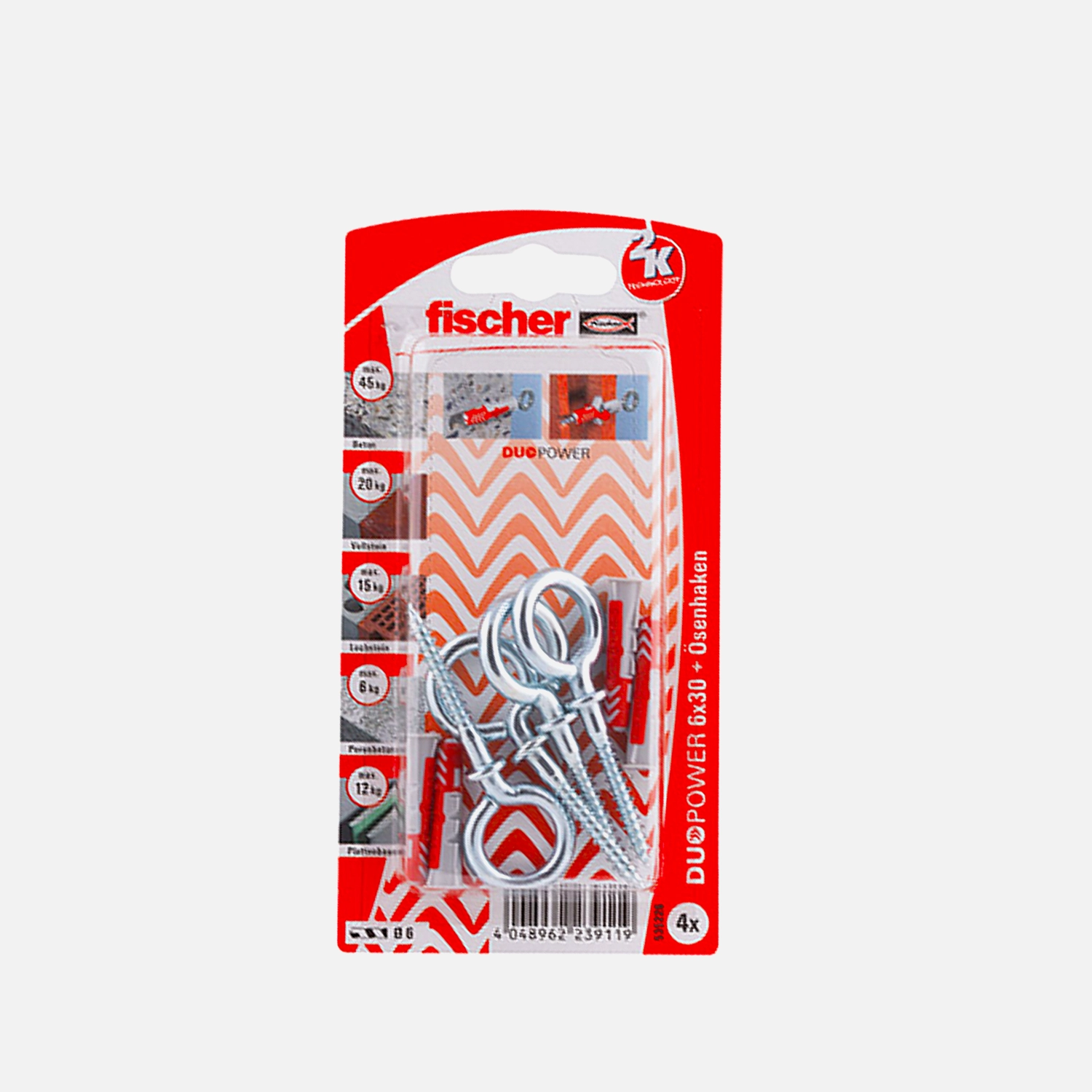 4 FISCHER DUOPOWER Nylon-Dübel - 6x30 mm - mit Ösenhaken