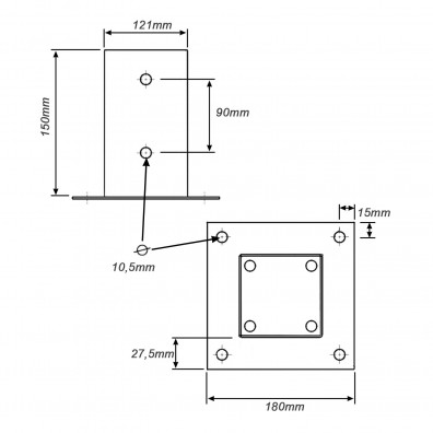 1 Aufschraubhülse, Grundplatte 180x180 mm, 2 mm Materialstärke, feuerverzinkt, für 120 mm Pfosten