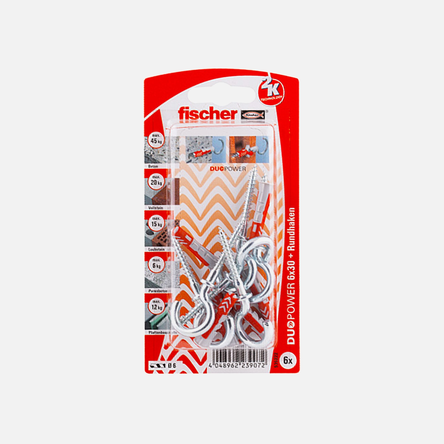 6 FISCHER DUOPOWER Nylon-Dübel - 6x30 mm - mit Rundhaken 4,5x63 mm