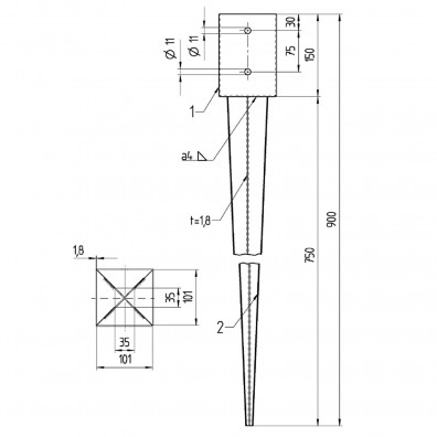 1 Alberts Einschlagbodenhülse für 100mm Pfosten Tiefe 900mm