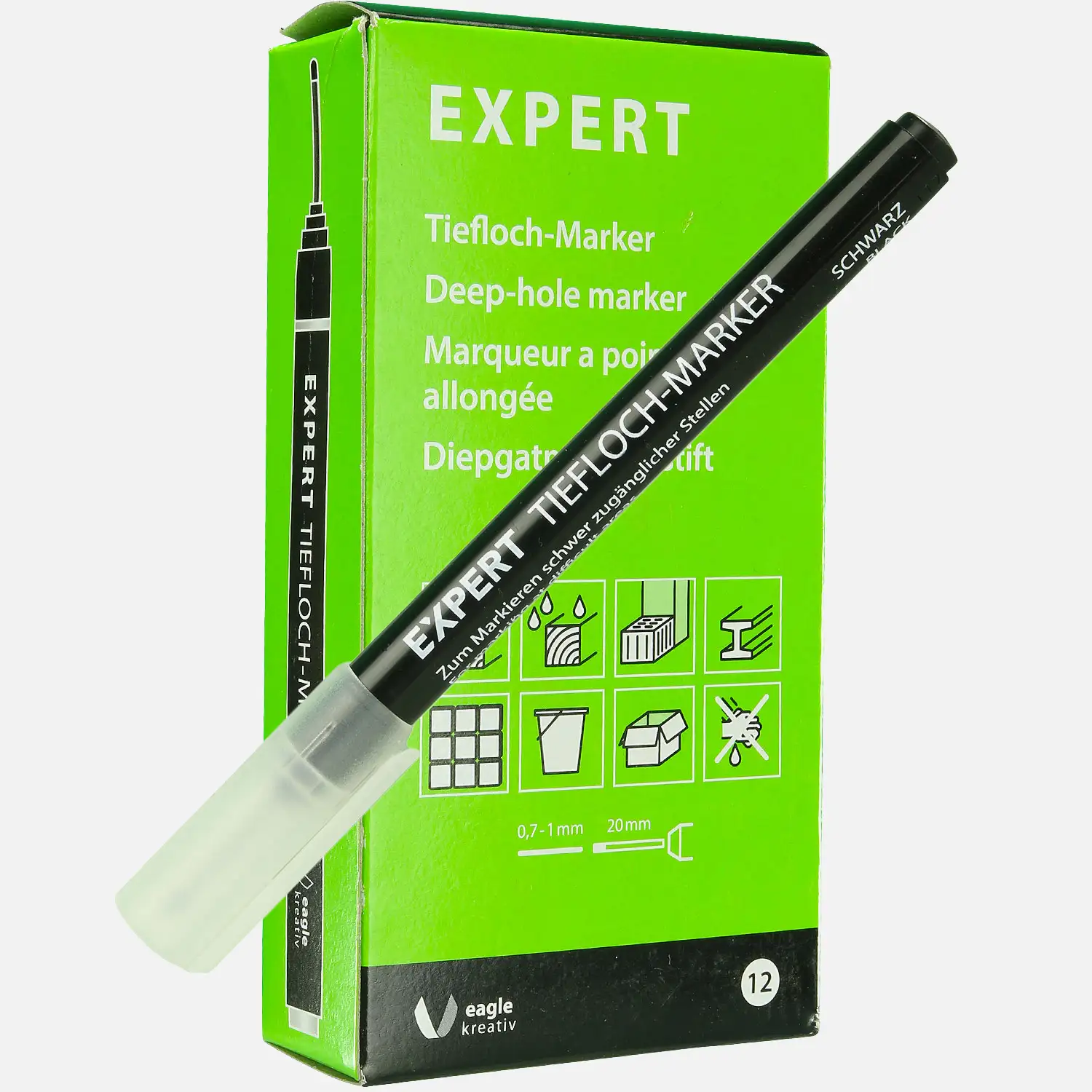 12 Tieflochmarker, für schwer zugängliche Stellen, Schwarz, Rundspitze, 0,7 mm