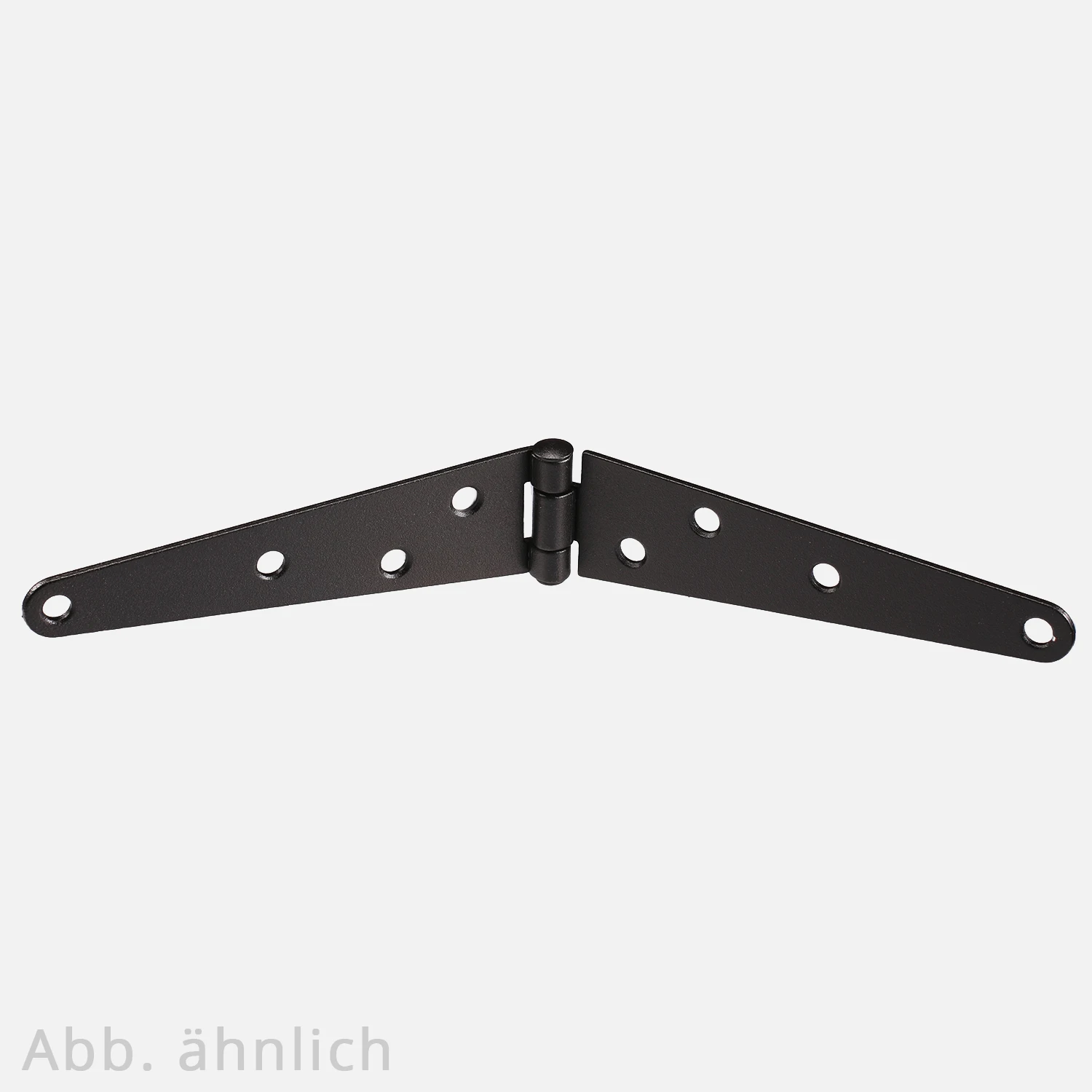 1 Schwanzscharnier ein längliches, spitz zulaufendes Scharnier in schwarz 150x38x2 mm