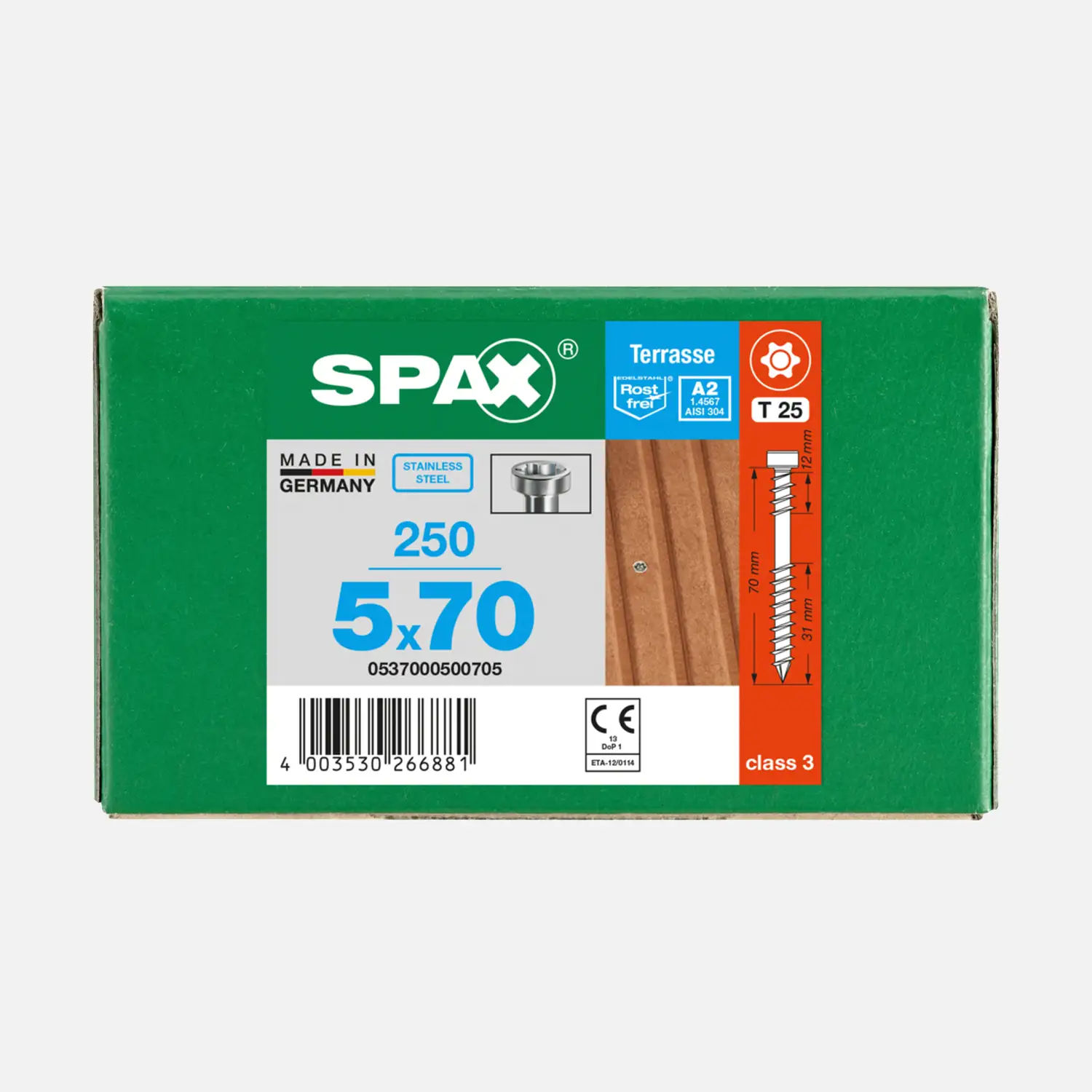 250 SPAX Terrassenschrauben 5x70 mm - Edelstahl A2 - Zylinderkopf mit T-Star Antrieb 