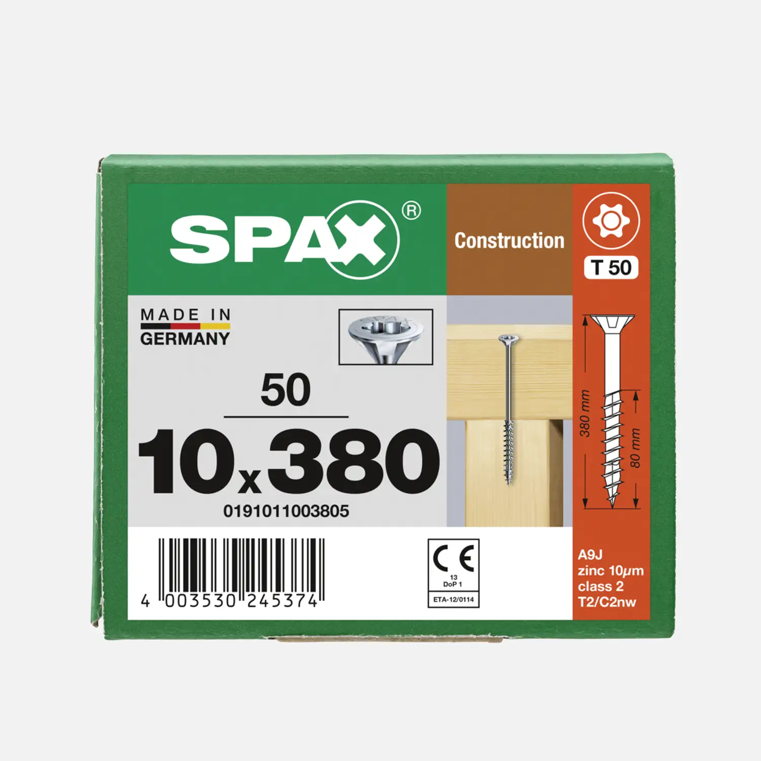 50 SPAX Holzbauschrauben 10x380 mm, Wirox, TX50, Senkkopf, Teilgewinde